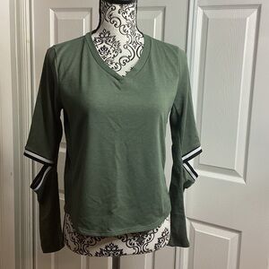 Ethereal Chic Olive V-Neck Long Sleeve Top with Striped Accents Elbow Hole S